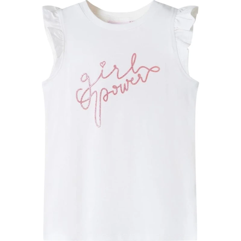 Børne T-shirt 140 ecru med flæser og glitterprint