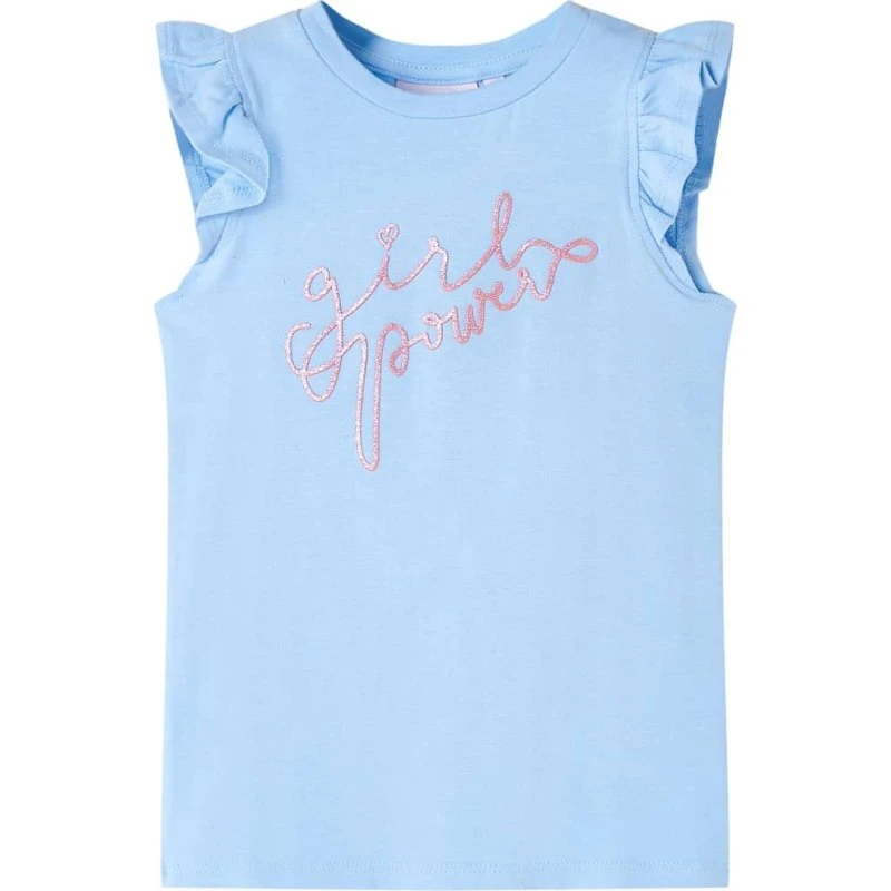 Børne T-shirt str. 104 lyseblå med flæser