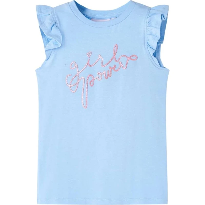 Børne T-shirt str. 140 lyseblå med flæser og glitter