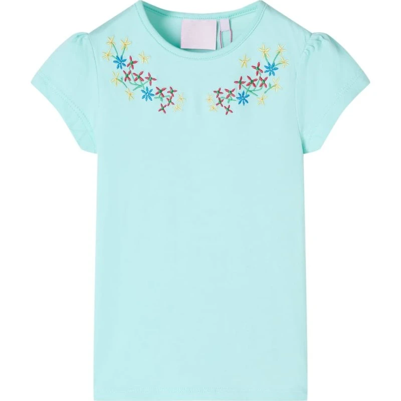Børne-T-shirt 140 akvamarin med blomsterprint