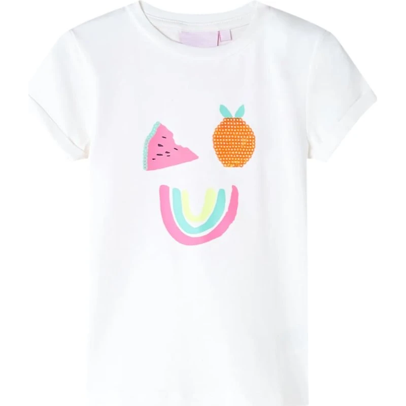 Børne-T-shirt str. 116 ecru - Rund hals, kort ærme