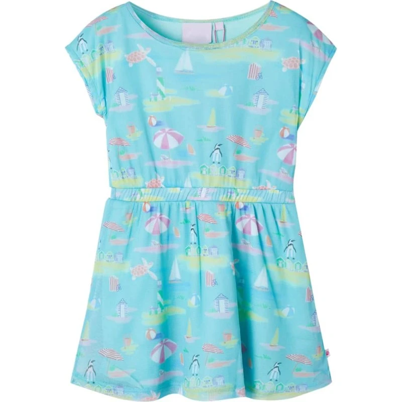 Akvamarin børnekjole str. 140 – rund hals & mesh print