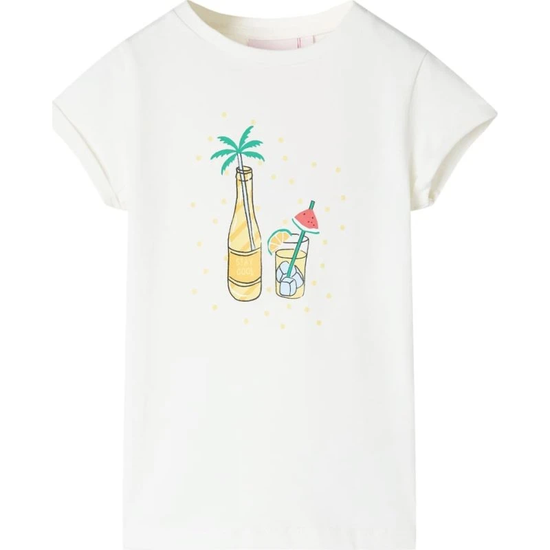 Børne T-shirt ecru str. 116 med drink-print