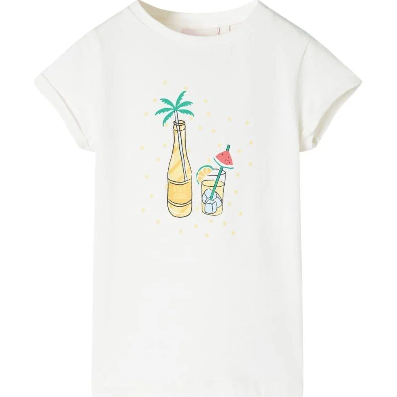 Børne-T-shirt str. 128 ecru med drinks-print