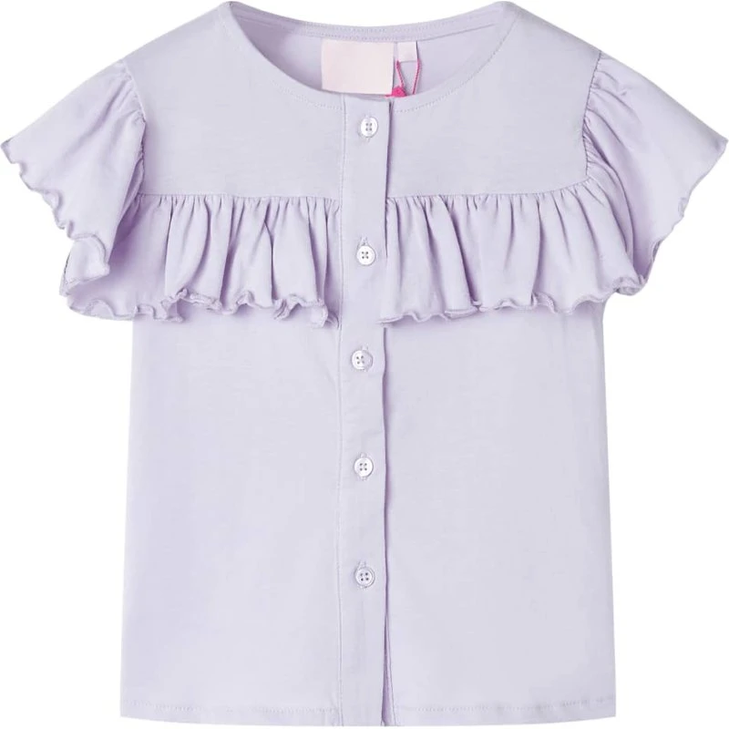 T-shirt til børn str. 140 – lilla med flæser
