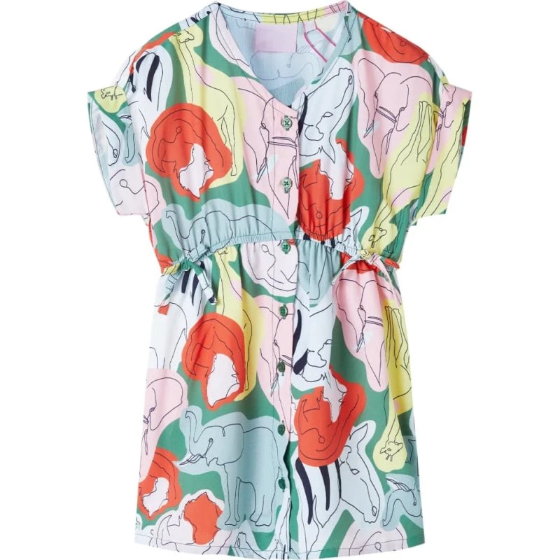 Grøn børnekjole str. 116 – kort ærme, snøre & knapper