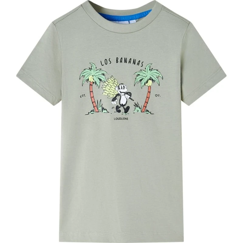 Børne T-shirt 140 – lys kakifarve med abeprint