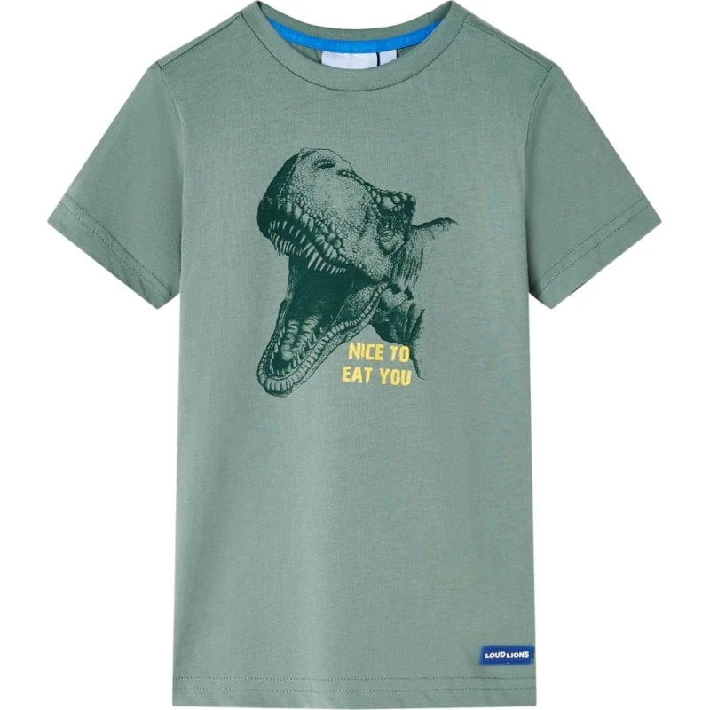 Børne T-shirt str. 128 kakifarvet med dinosaurprint