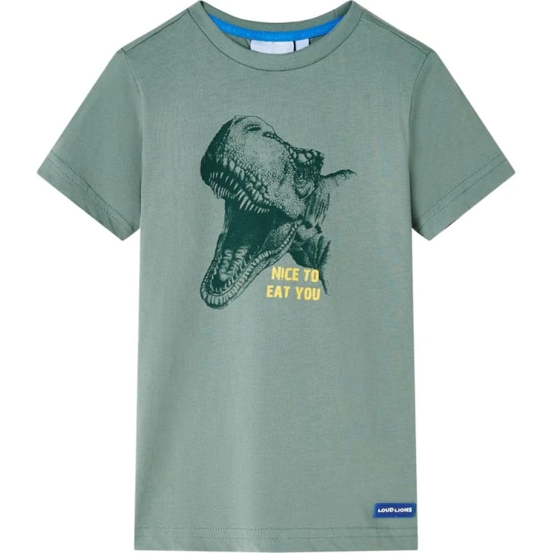 Børne T-shirt str.140 i kakifarve med dino-print