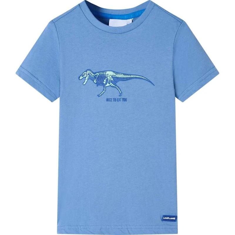 Børne T-shirt 140 blå med dinosaurusprint