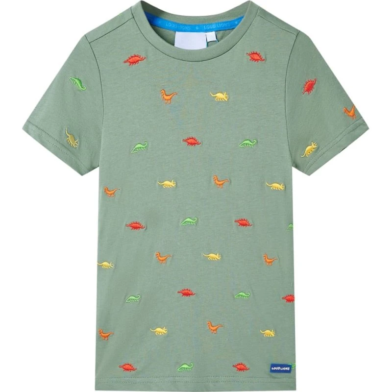 Kortærmet børnet-shirt str. 104 – kaki med print