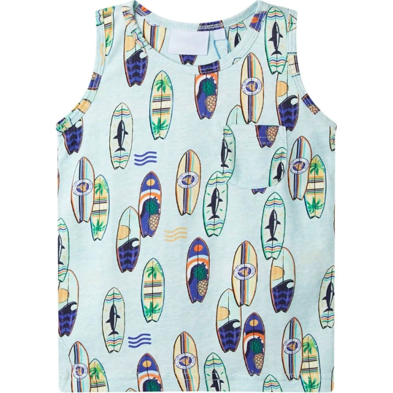 Børne tanktop str. 128 blåmeleret med surfboard-print