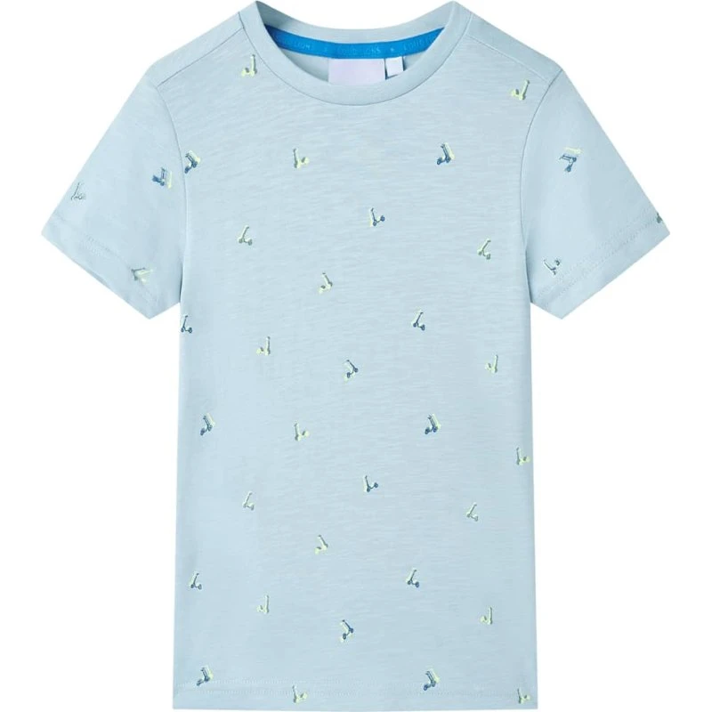 Børne T-shirt str. 116 lyseblå med løbehjulprint