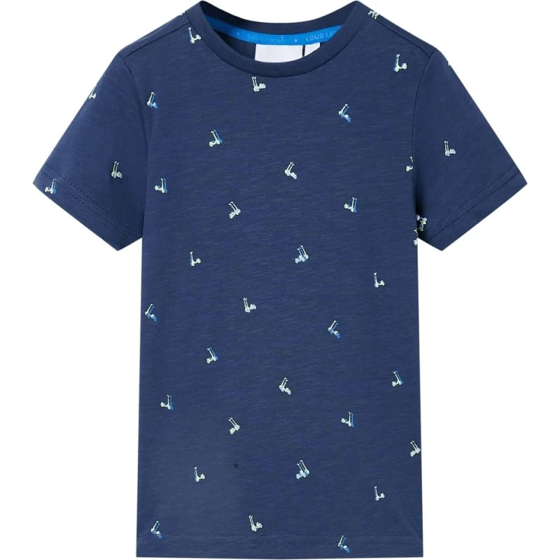 Børne T-shirt str. 104 mørkeblå med løbehjulprint