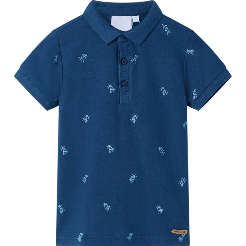 Børnepoloshirt str. 92 mørkeblå med palmeprint