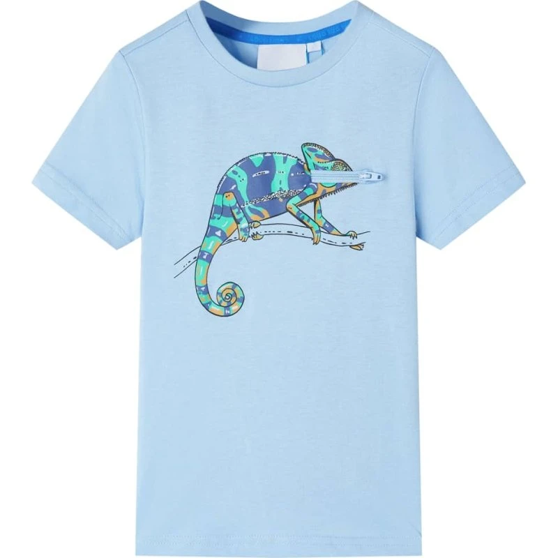 Børne T-shirt kortærmet 116 lyseblå - kamæleon print