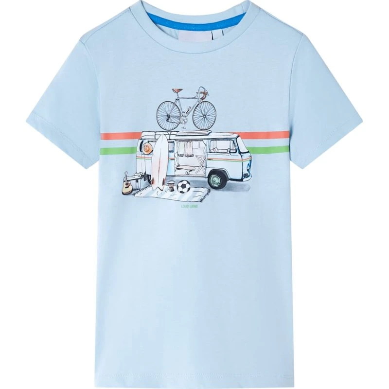 Børne T-shirt str. 104 i lyseblå med bus-print