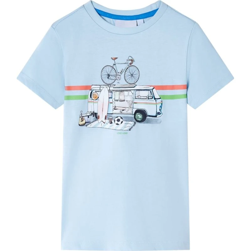 Børne T-shirt str. 128 - Lyseblå med busprint