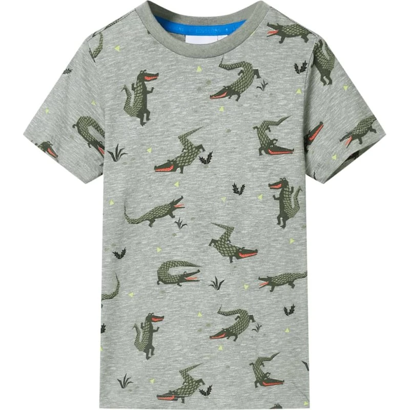 T-shirt børn 104 lys kakimeleret med krokodilleprint
