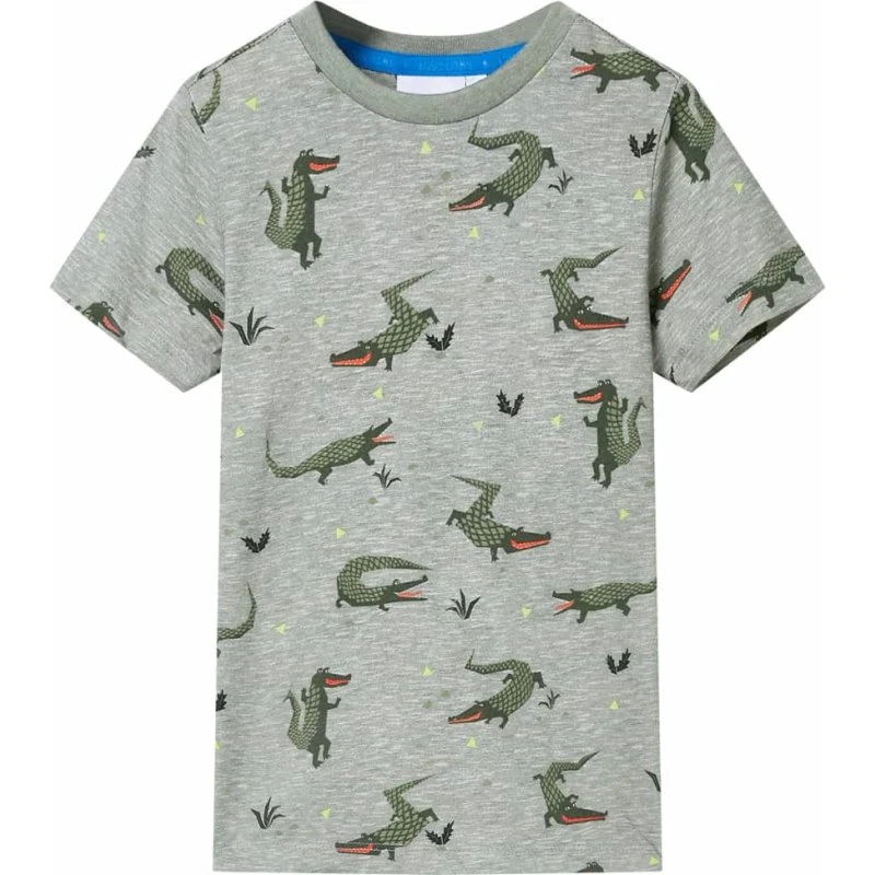 Børne-T-shirt str. 140 lys kakimeleret med krokodilleprint