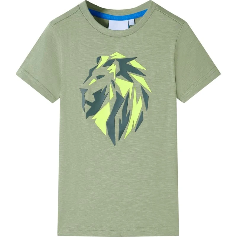 Børne T-shirt str. 140 – kakifarvet med løveprint