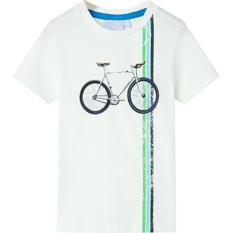 Kortærmet børne-T-shirt ecru med cykelprint, str. 140