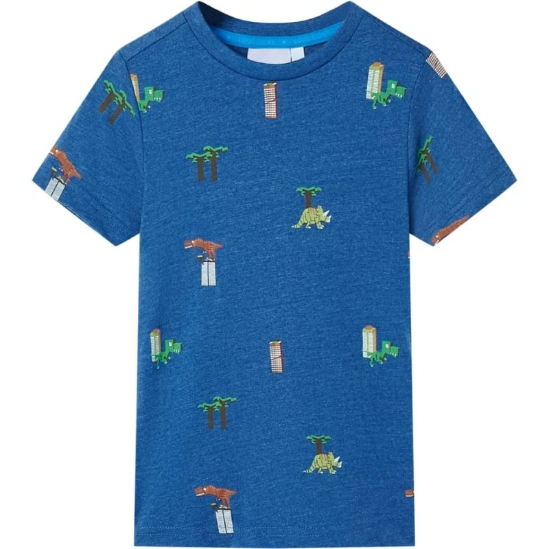 Børne-T-shirt 104 mørk blåmeleret med dinosaurprint