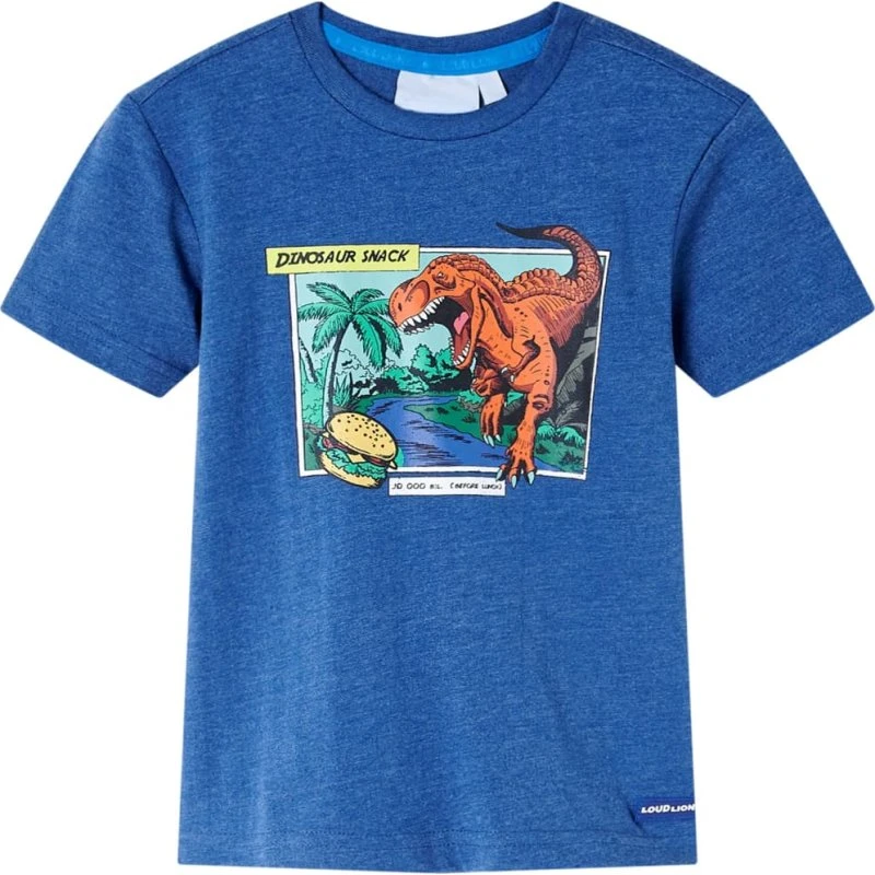 Børne T-shirt str. 116 blåmeleret med dinosaurus