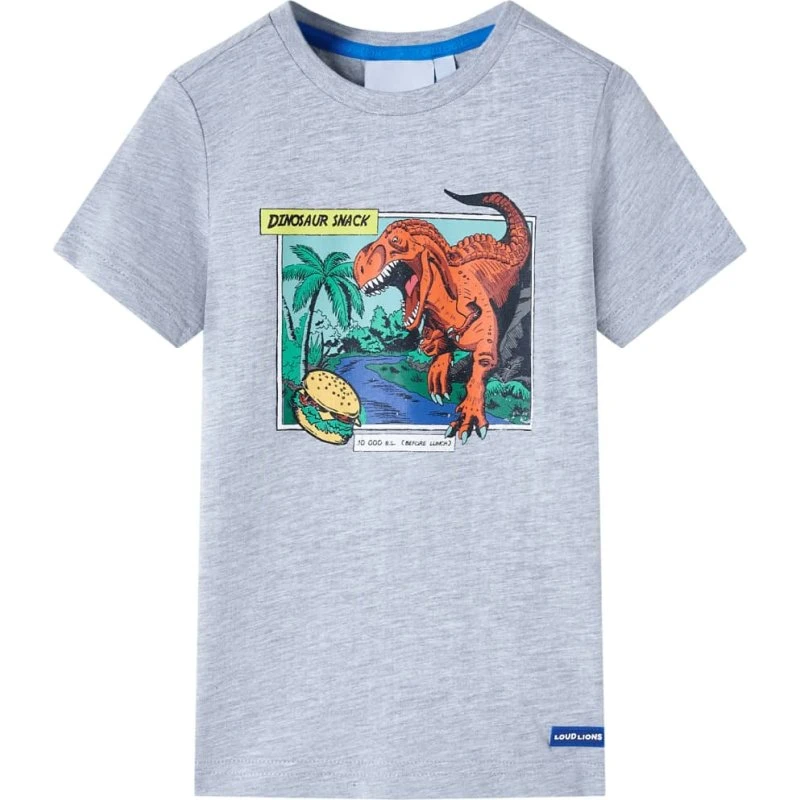 Børne T-shirt str.128 – Kortærmet grå med dinosaur