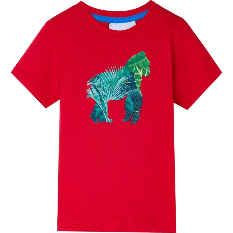 Rød børne-T-shirt str. 140 med gorilla bladprint