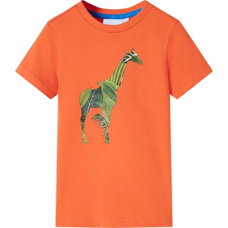 Børne T-shirt str. 104 – lys orange med girafprint