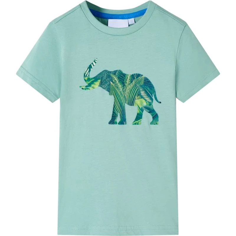 Børne T-shirt str. 128 – lys kakifarve med elefantprint