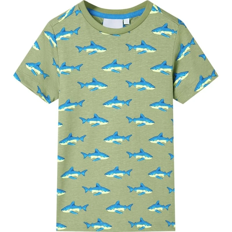 Børne-T-shirt str. 128 i kakifarve med hajprint