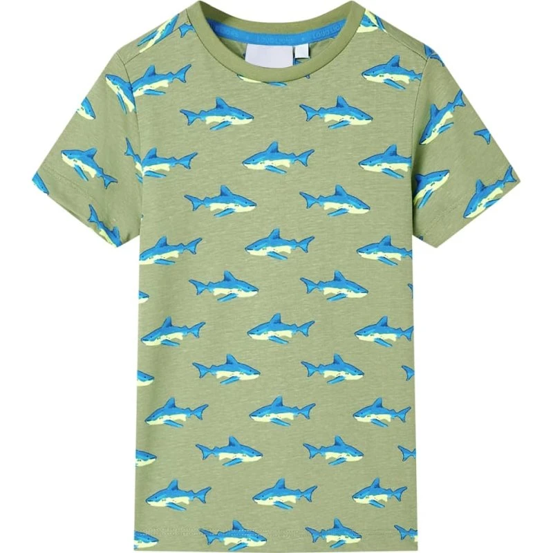 Børne T-shirt str. 140 - kakifarvet med hajprint