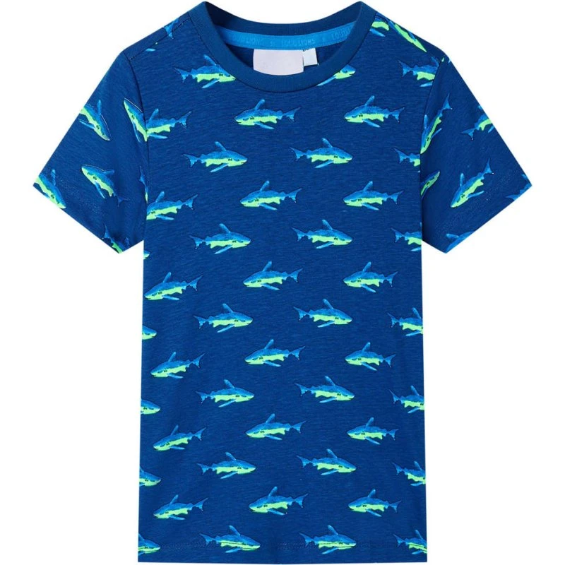Børne-T-shirt med hajprint, mørkeblå str. 92