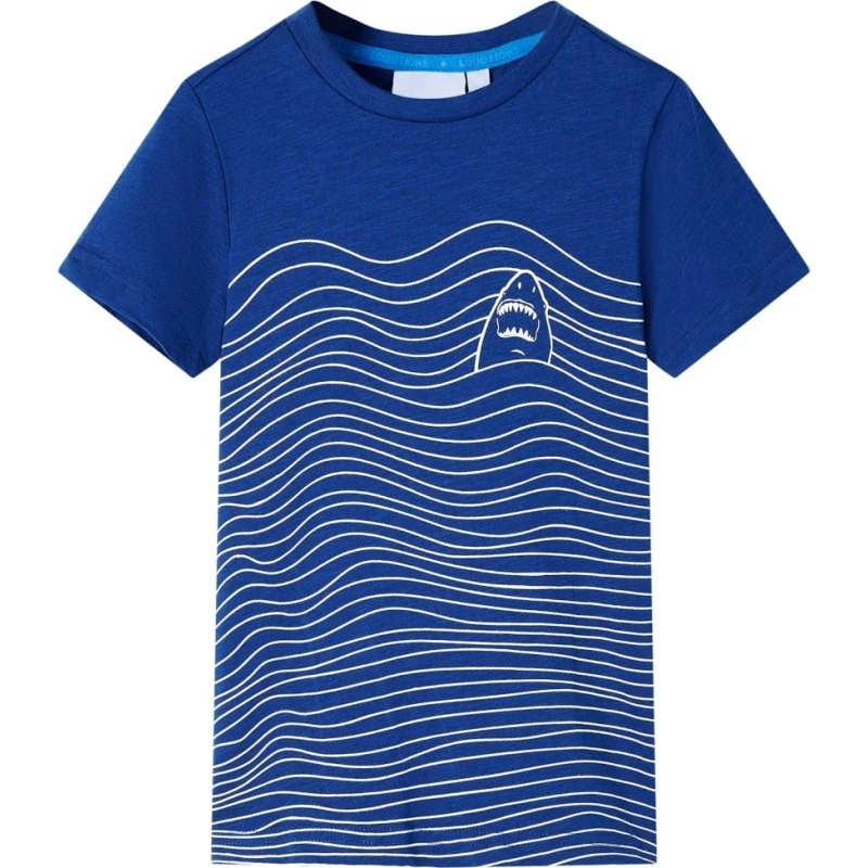 Børne-T-shirt str. 128 mørkeblå – hajprint