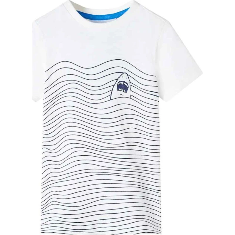 Børne T-shirt str. 140 ecru med hajprint