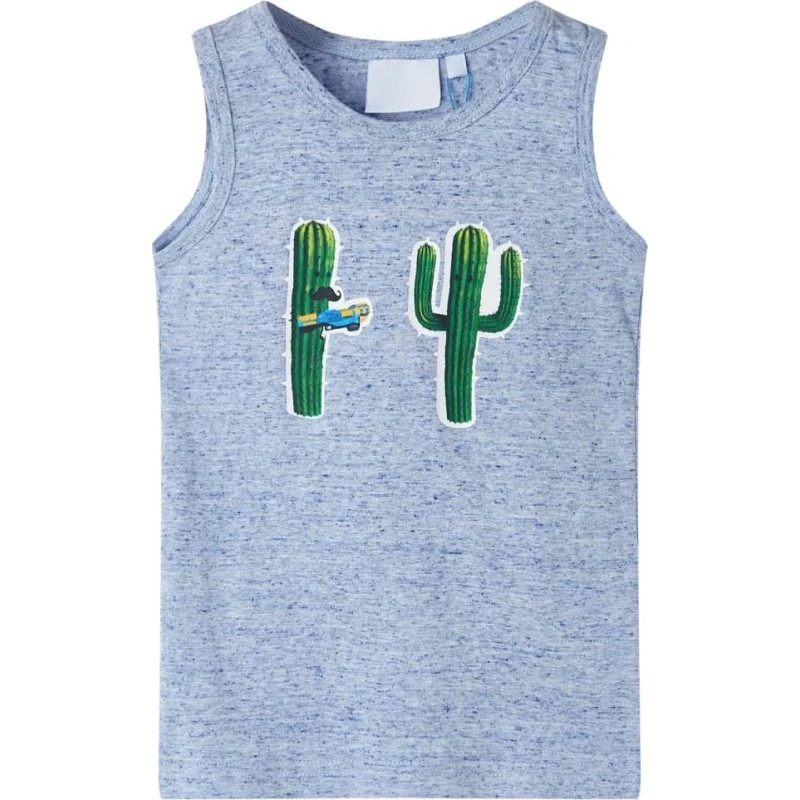 Børne-tanktop str. 140 blåmeleret med kaktusprint