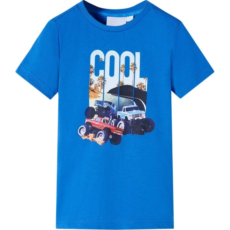 Kortærmet T-shirt børn str. 128 blå med bilprint