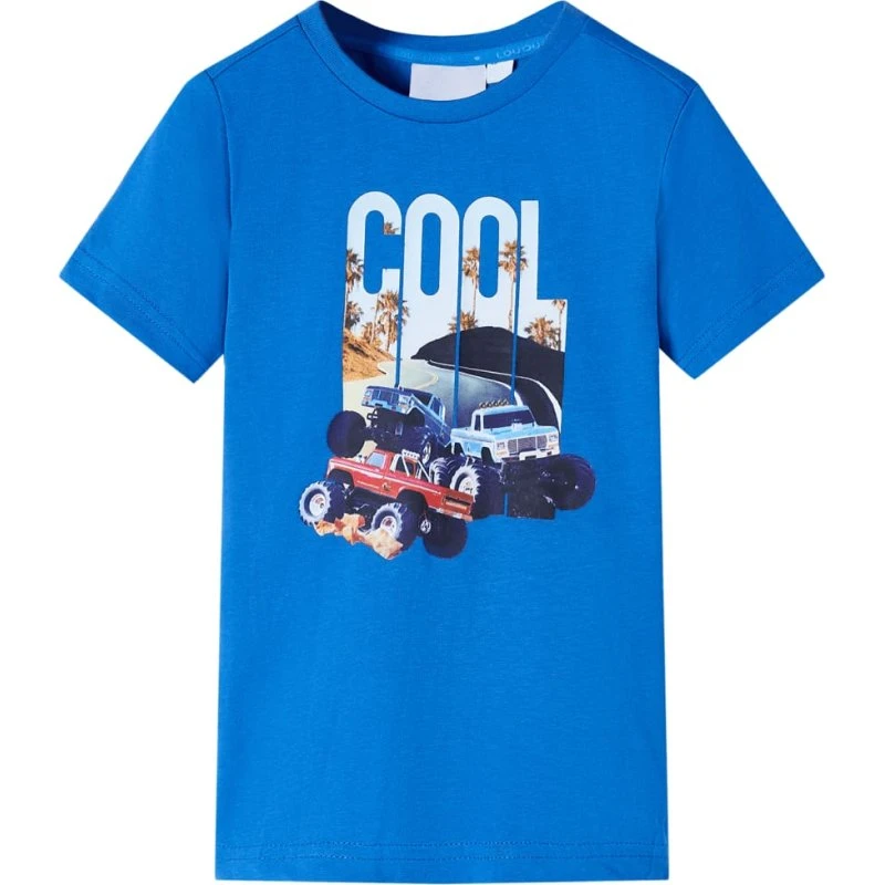 Børne T-shirt str. 140 blå med bilprint