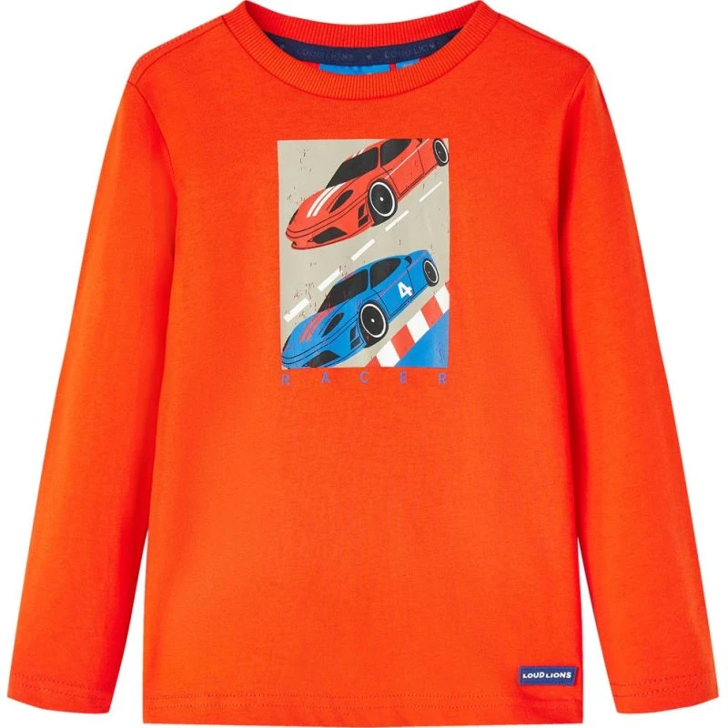 Langærmet T-shirt til børn 116 cm, orange med racerbiler