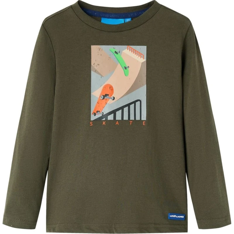 Langærmet T-shirt børn str. 128 kakifarvet