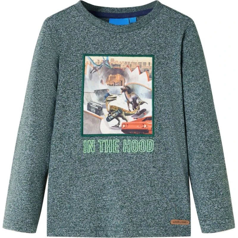 Langærmet T-shirt til børn str. 116 – grønmeleret