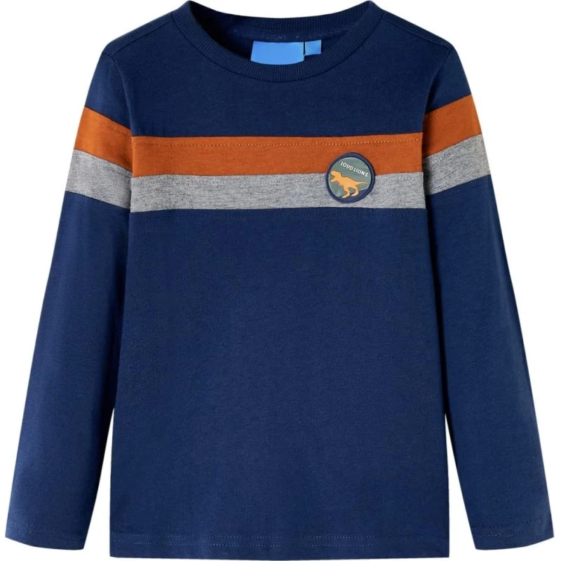 Langærmet T-shirt børn str.104 – Marineblå med dino