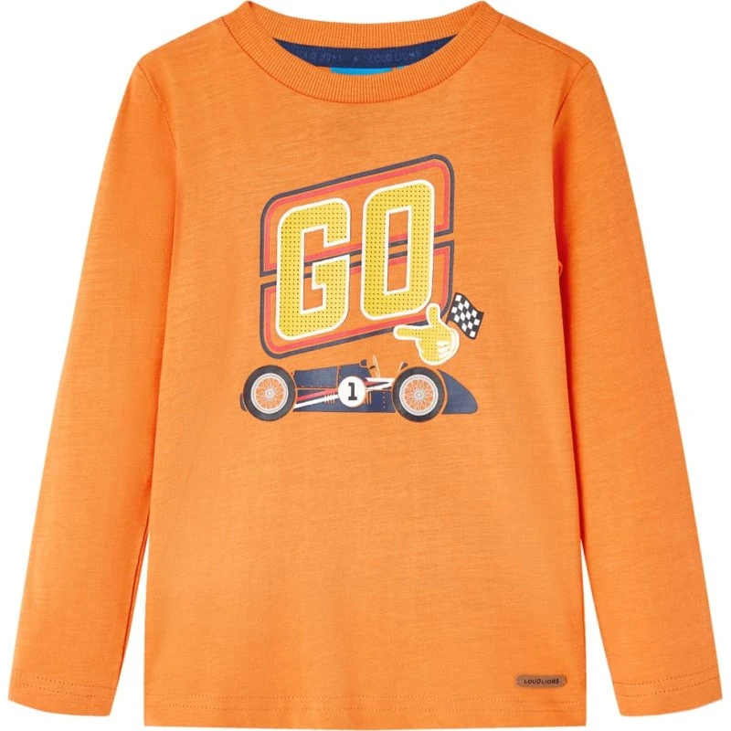 Langærmet T-shirt børn 140 cm orange med racerbilsprint