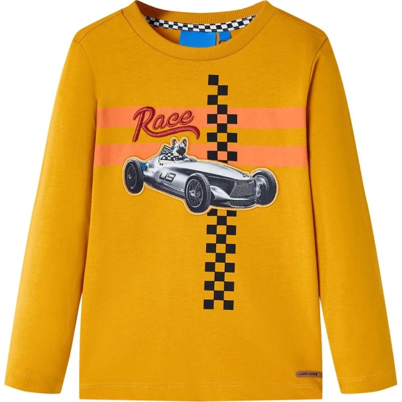 Langærmet børne-T‑shirt str.128 – okkergul