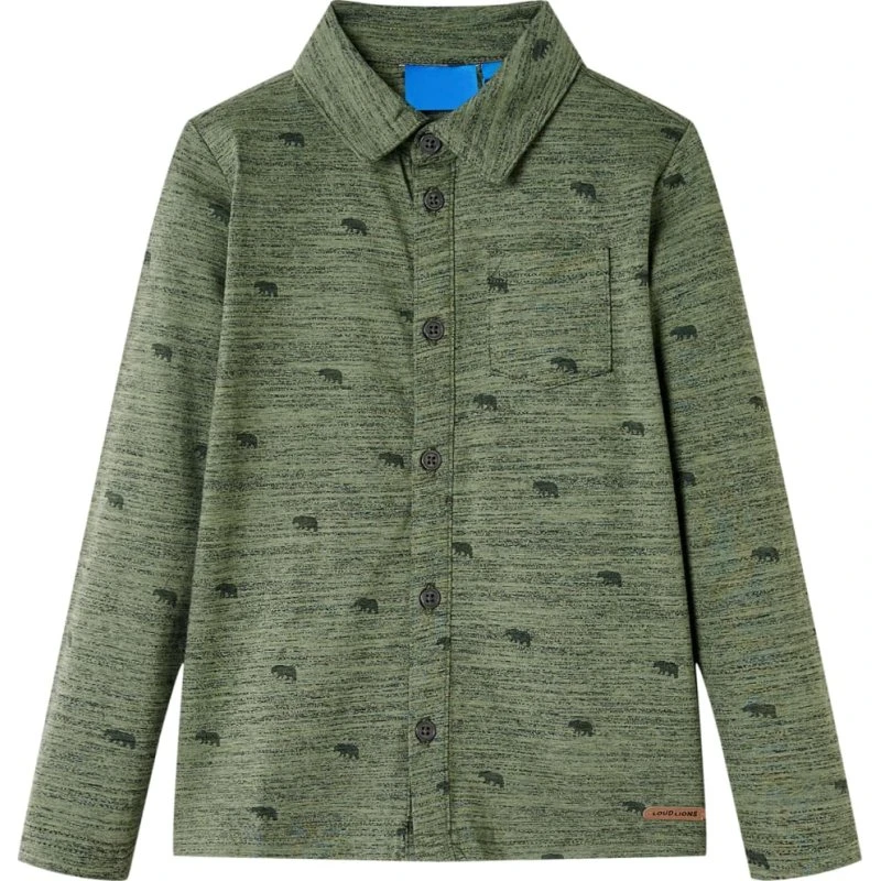 Børneskjorte str. 104 i kakimeleret, langærmet