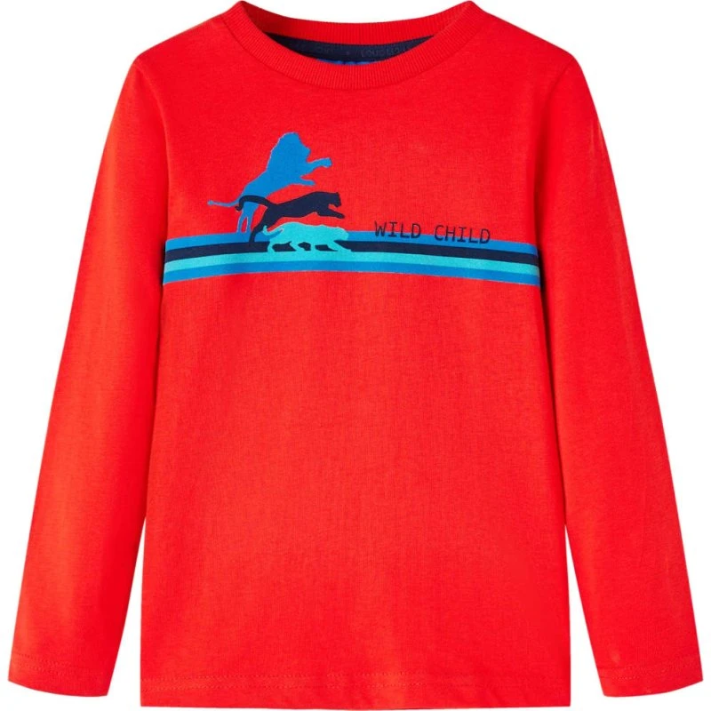 Langærmet T-shirt børn str.104 rød – vilde dyr