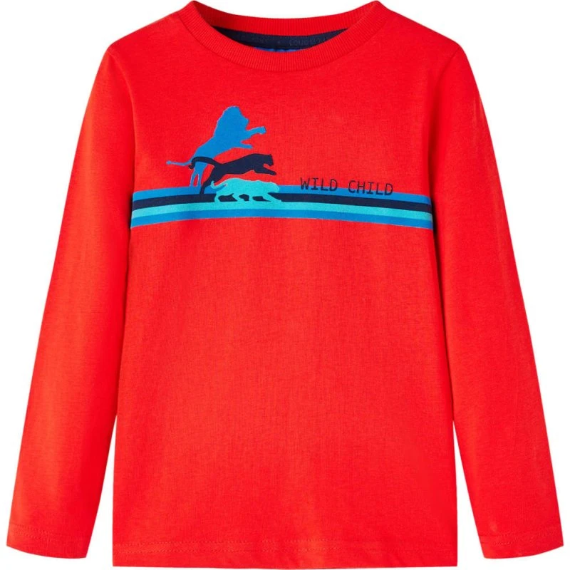 Langærmet T-shirt børn 116 – Rød med dyreprint