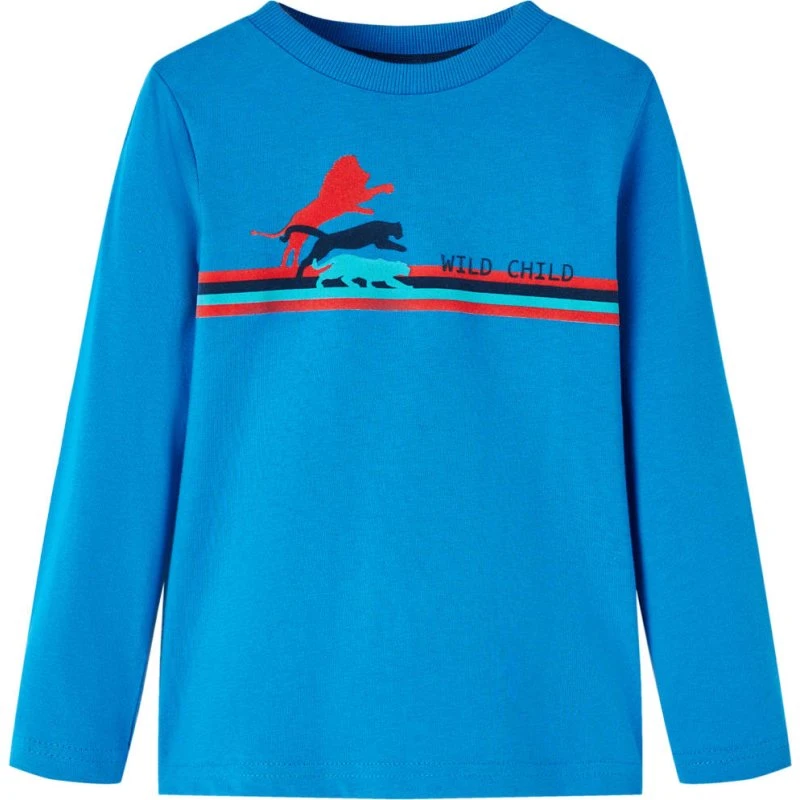 Langærmet T-shirt børn str.116 koboltblå - vilde dyr